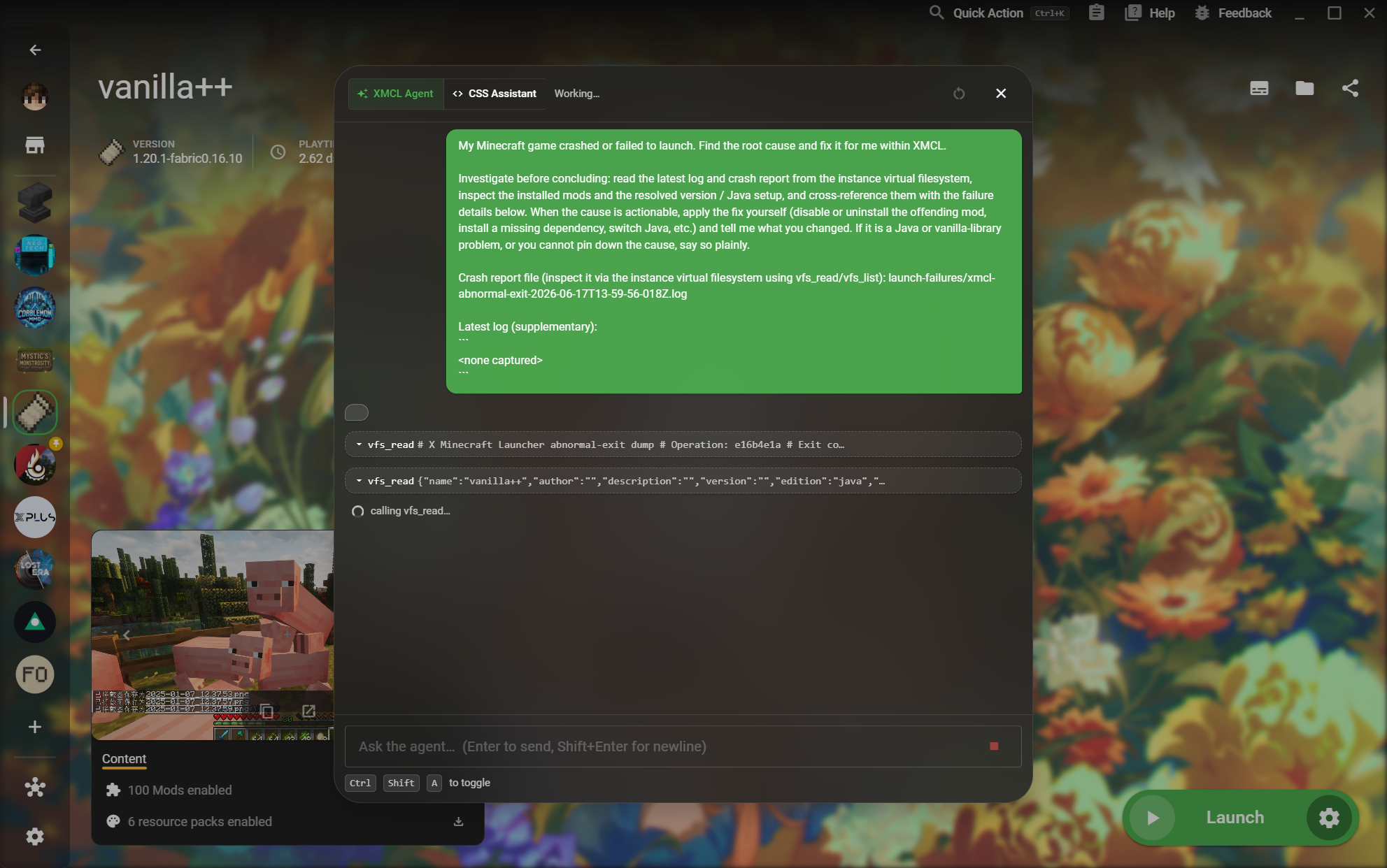 XMCL AI agent investigating a Minecraft launch failure