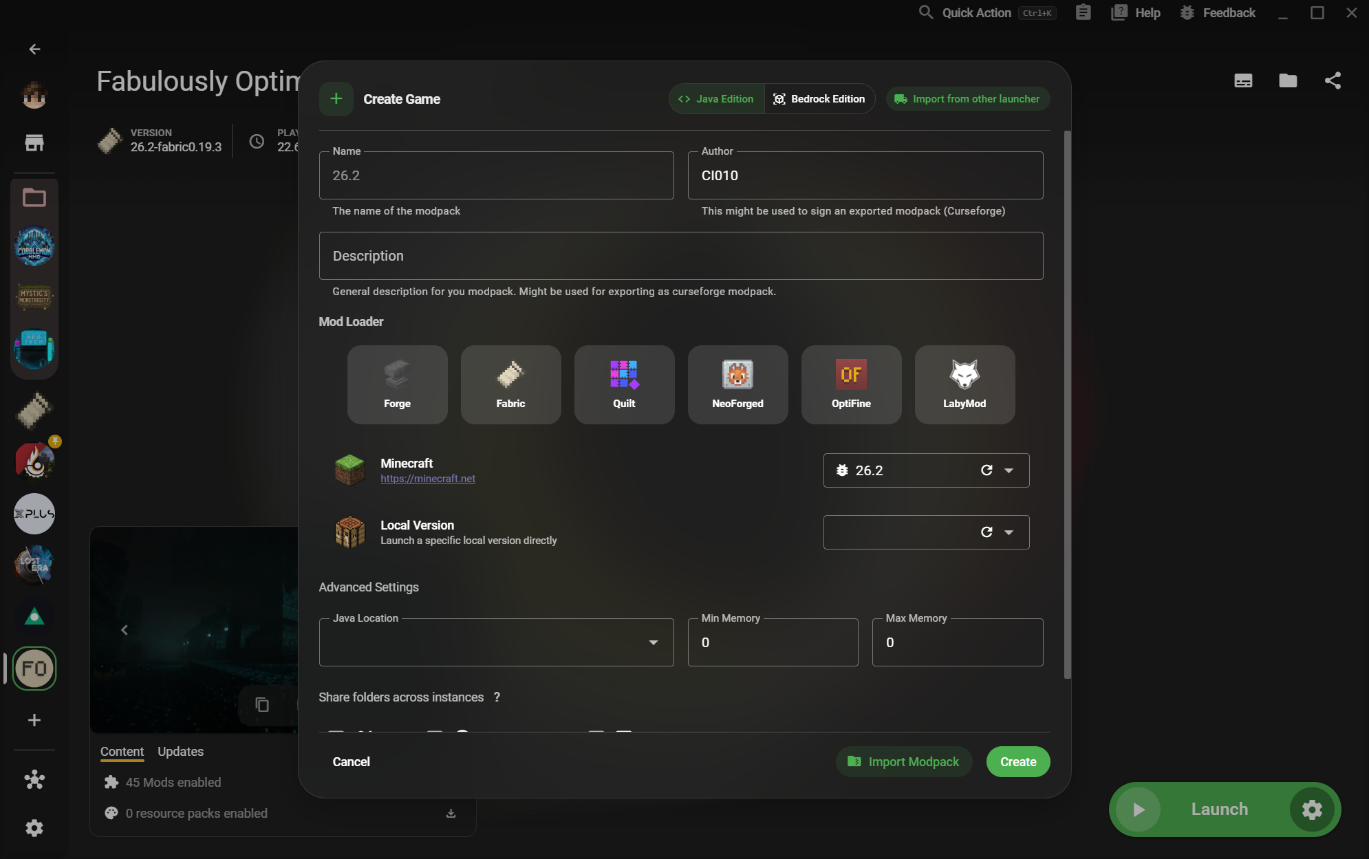 XMCL create instance dialog with Minecraft versions and mod loaders
