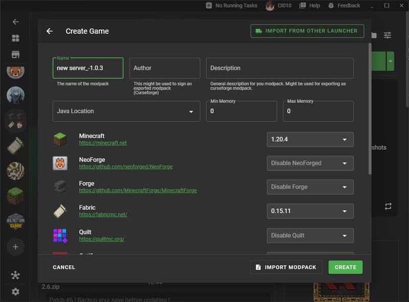 Instance creation dialog screenshot
