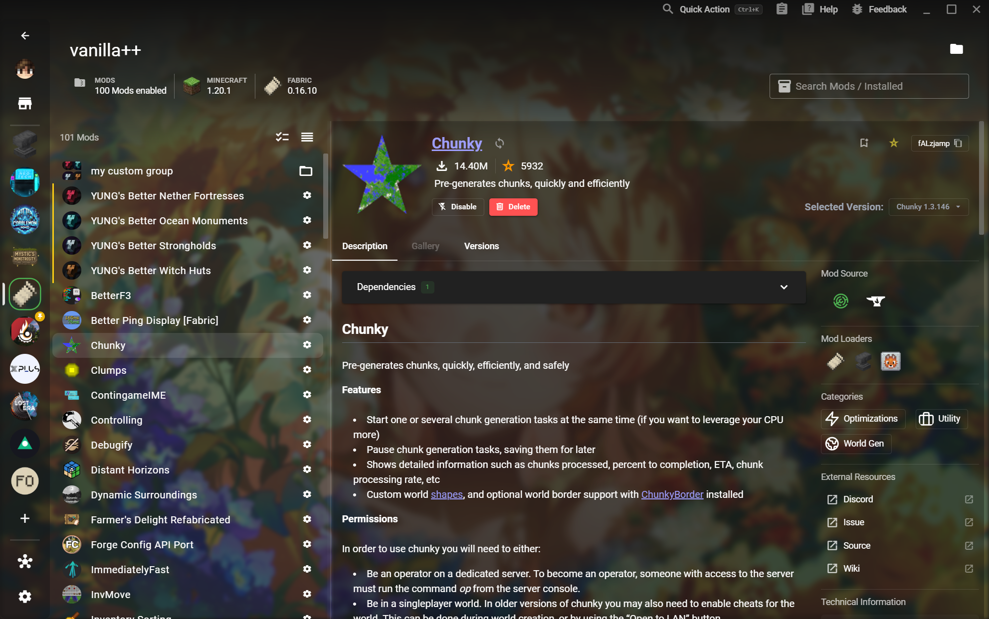 XMCL mod detail view showing versions and dependencies