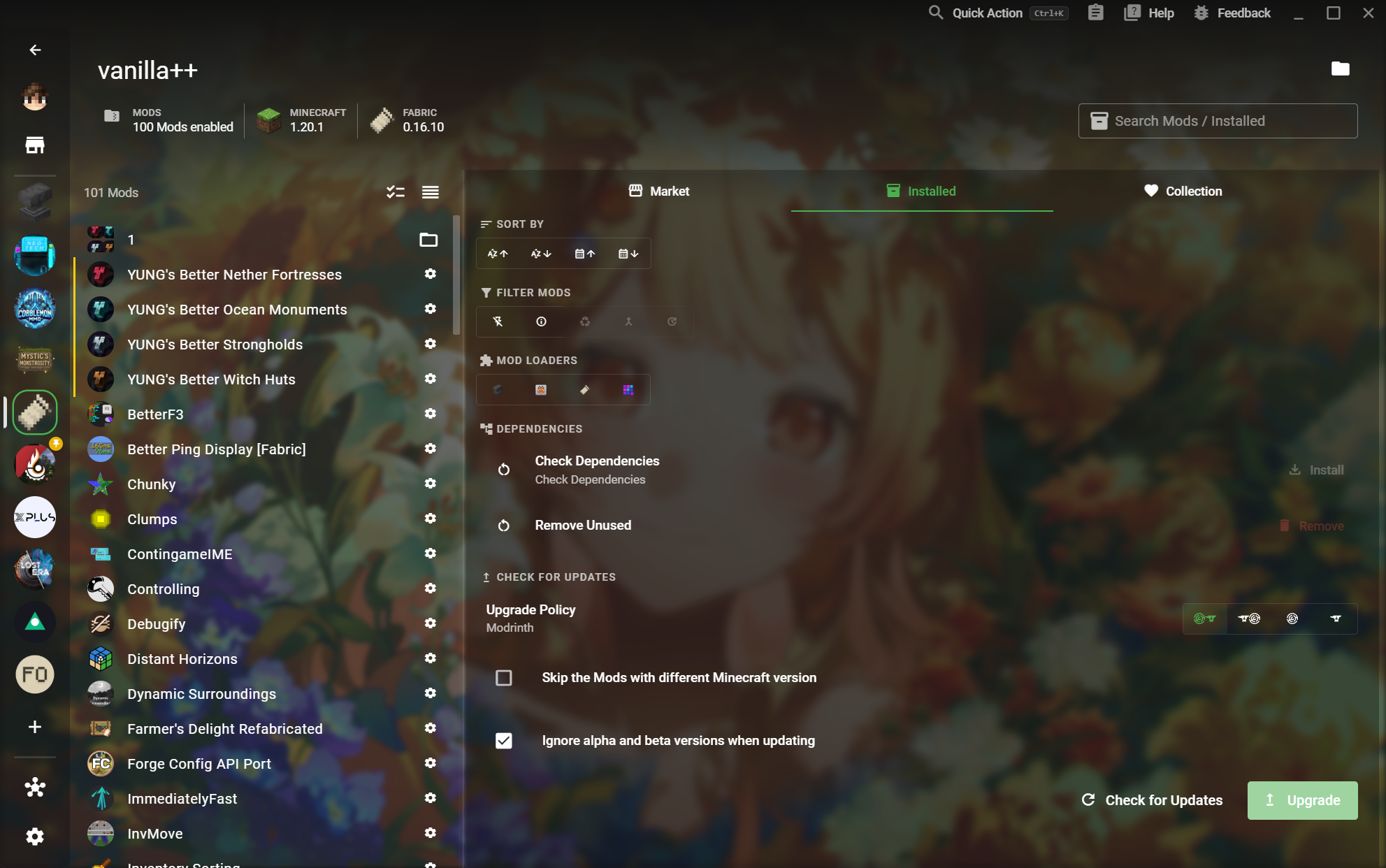 XMCL installed mod management view with search and update controls