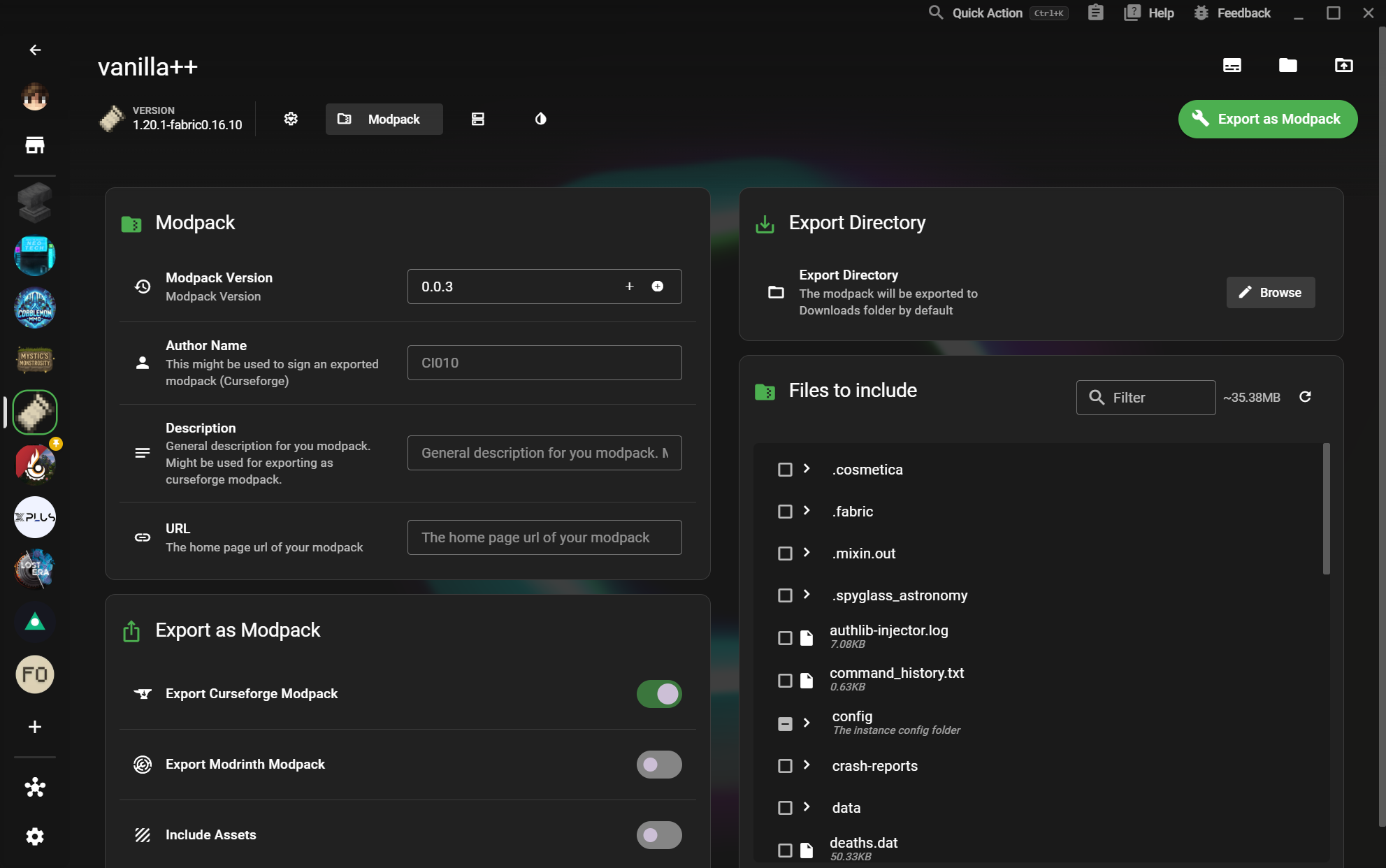 XMCL modpack export screen for Modrinth and CurseForge formats