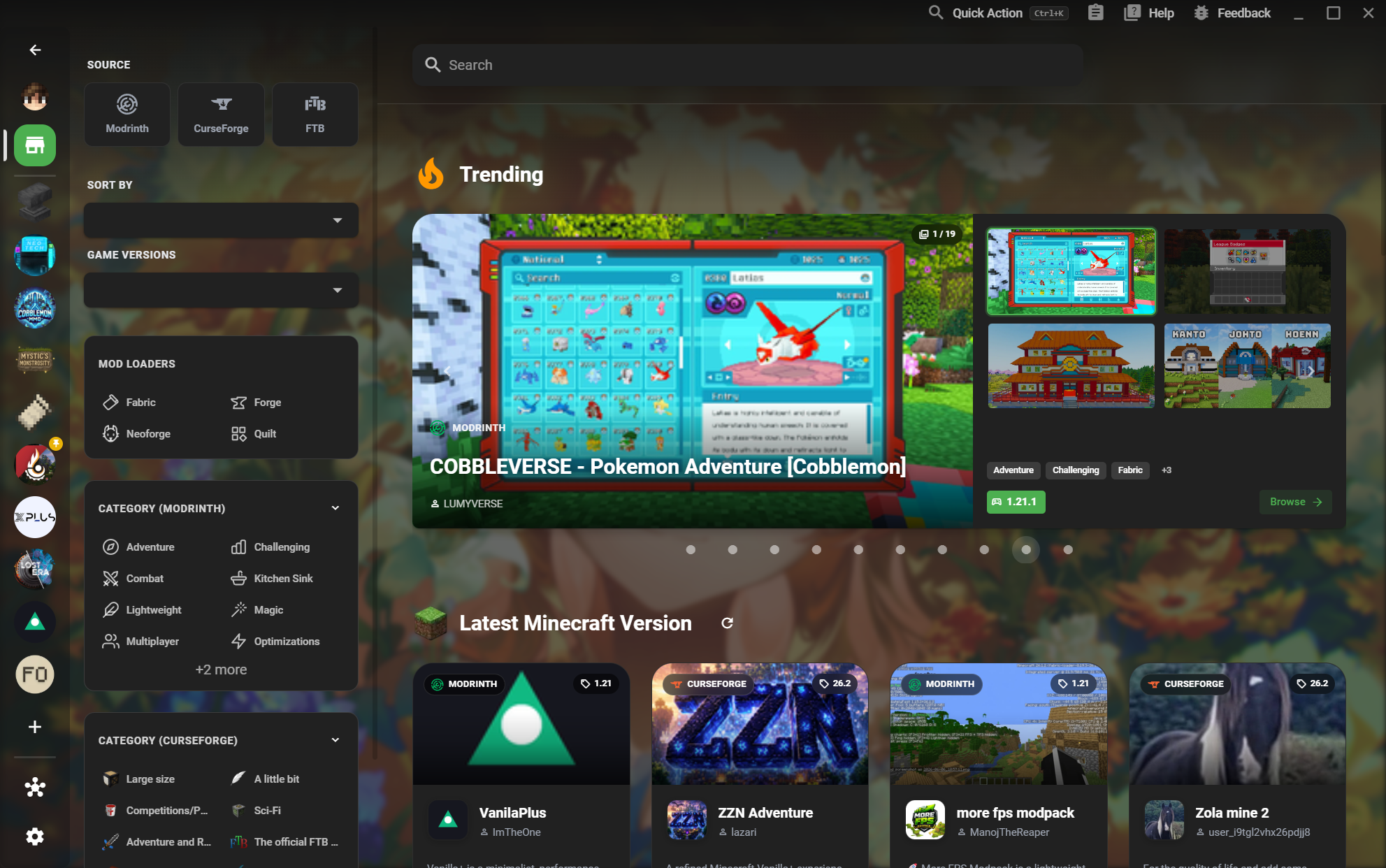 X Minecraft Launcher modpack market with Modrinth and CurseForge projects