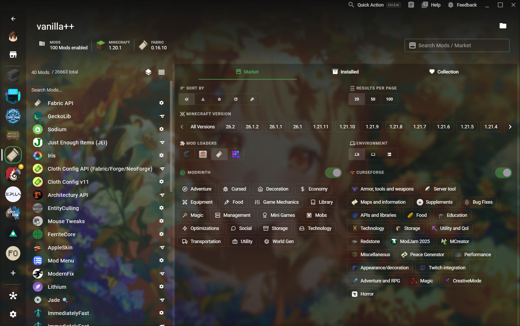 XMCL online mod search with source and compatibility filters